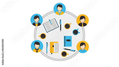 Team meeting concept with business icons and people avatars in flat design