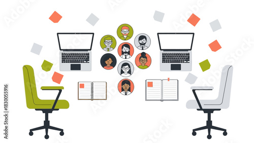 Office workspace collaboration with diverse team and laptops on minimalist desk