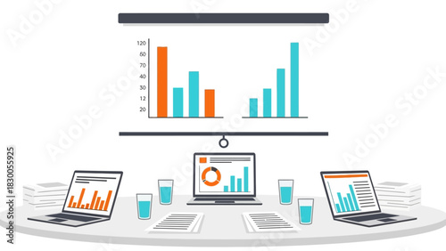 Modern office setup with data charts and laptops in flat design