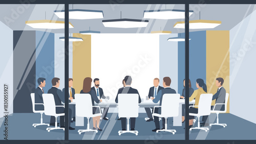 Business meeting in modern office conference room with diverse team collaboration