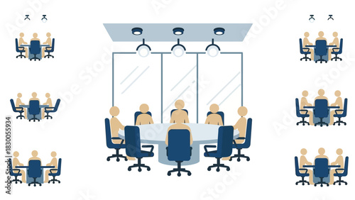 Office meeting concept with minimalist design and people around a conference table