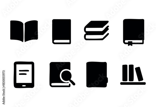 Simple book and reading icons — open book, stack, and e-reader — stock vector.