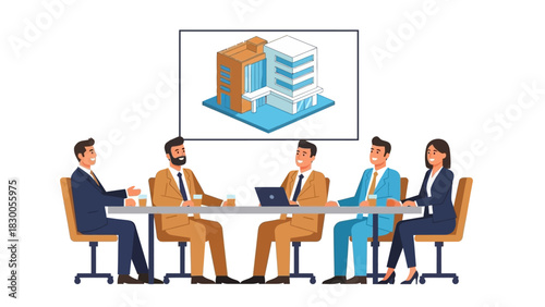 Business team meeting with architectural presentation in modern office setting