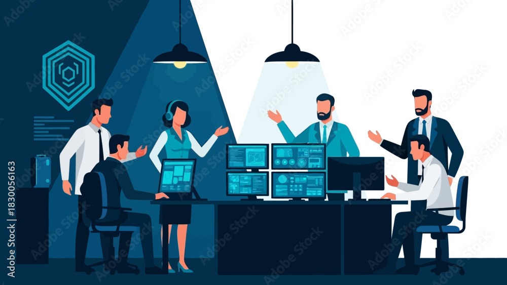 Fototapeta premium Team collaboration in modern office with data visualization and digital interface