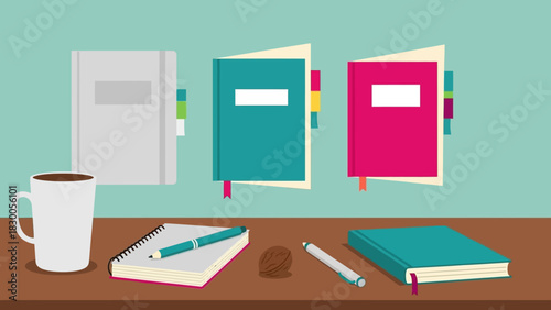 Colorful journals and stationery on desk with coffee cup in flat design