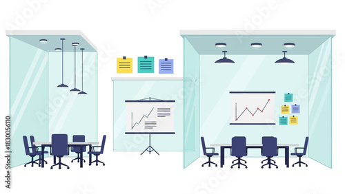 Modern office workspace with meeting rooms and graph charts