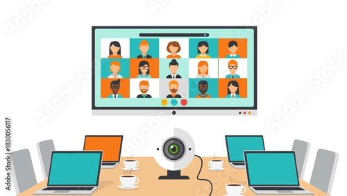 Virtual conference with diverse team on video call in modern office setting