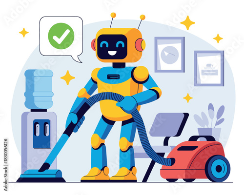 Friendly robot cheerfully vacuums a clean office space, signifying efficiency and modern technology.
