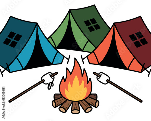 Cozy camping scene with tents and roasting marshmallows over a campfire