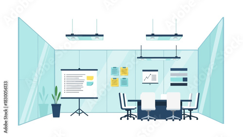 Modern office conference room with glass walls and presentation setup