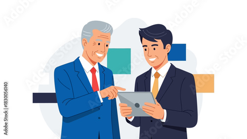 Business meeting: two professionals discussing ideas with a digital tablet