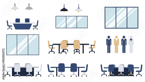 Modern office elements with flat design: furniture, lighting, and workspaces