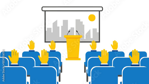 Conference presentation with engaged audience and raised hands in flat design