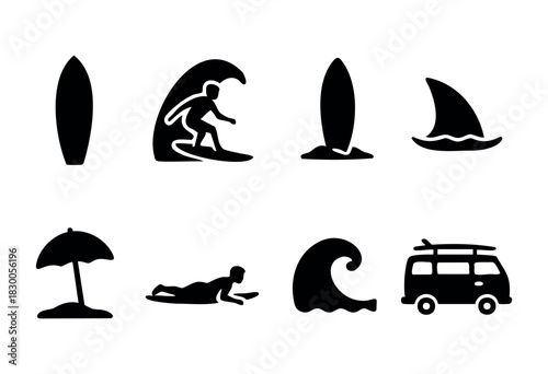 Minimalist surfing and ocean icons — surfboard, wave, and beach van — stock vector.