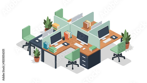 Modern isometric office workspace with desks and computers