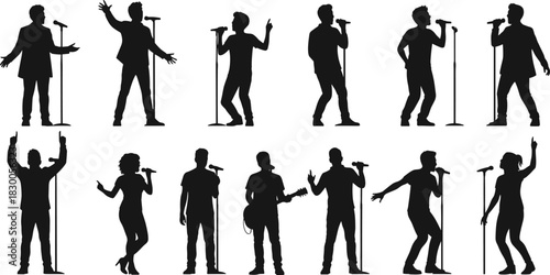 Performer silhouette illustration set, stage singing and guitar icons, microphone pose vector, concert artist graphic design bundle