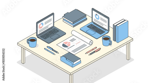 Cozy workspace with laptops and coffee cups in isometric style