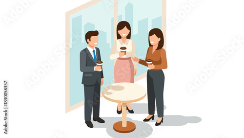 Business team enjoying coffee break in modern office setting