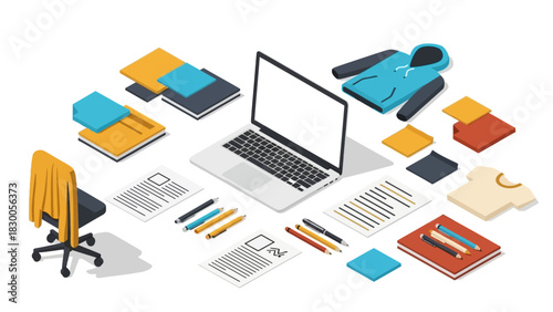 Modern isometric workspace with laptop, office supplies, and casual wear