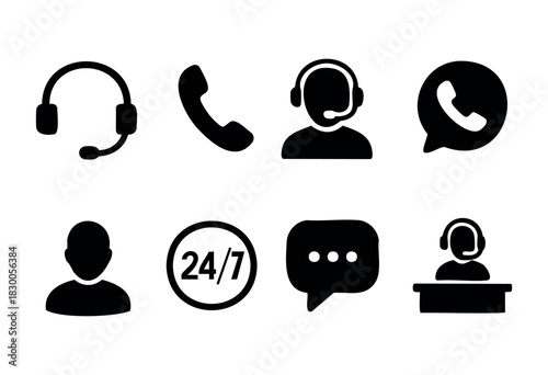 Simple customer service and communication icons — headset, phone, and chat — stock vector.