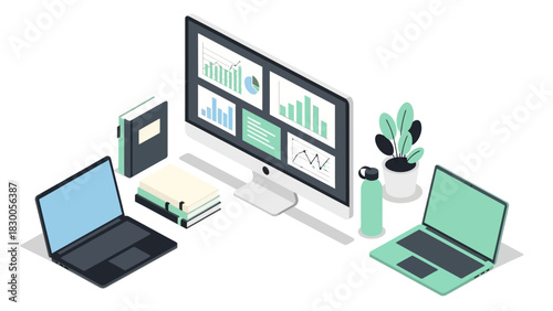 Modern workspace with technology devices and graphs in isometric design