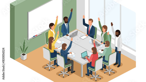Business meeting in modern office with diverse team collaborating around a conference table