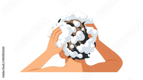 Person washing hair with shampoo lather bubbles in flat style