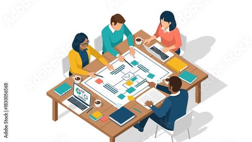 Team collaboration on office project in modern isometric style