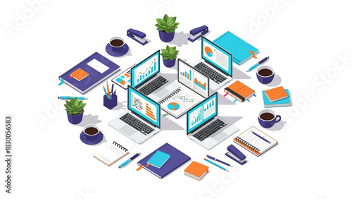 Isometric office workspace with laptops and stationery in circular arrangement
