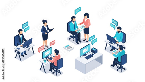 Isometric office team working on computers with communication bubbles
