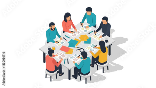 Isometric team collaboration in modern office setting with diverse group around meeting table
