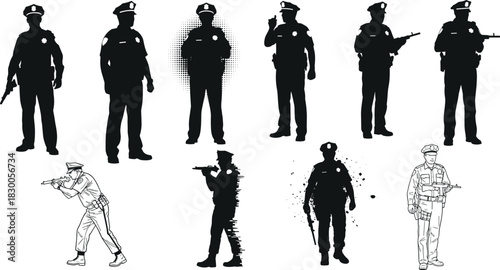 Police officer illustration set, tactical and patrol poses, law enforcement icons, silhouette and graphic style vector bundle
