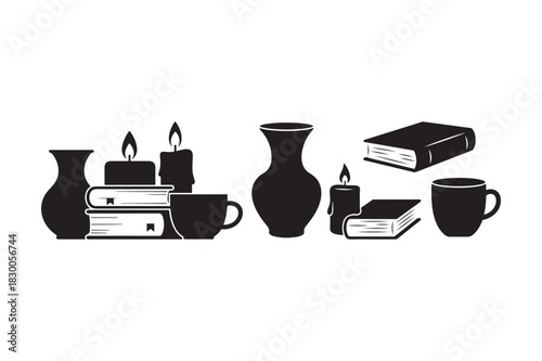 Cozy still life with books candles and vases