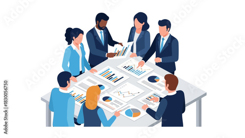 Diverse team analyzing business reports in isometric style