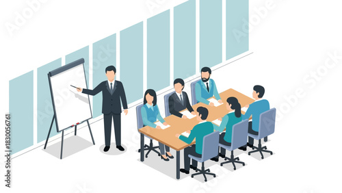 Isometric business meeting scene with presenters and attendees in office setting