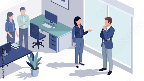 Business colleagues engaged in discussion in modern office setting