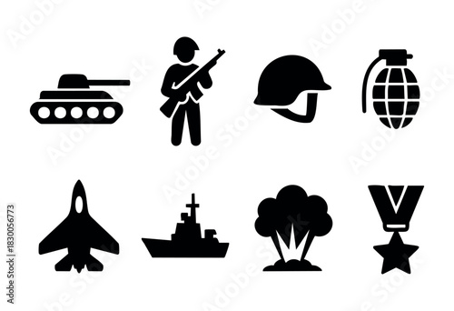 Simple military and defense icons — tank, soldier, and medal — stock vector.