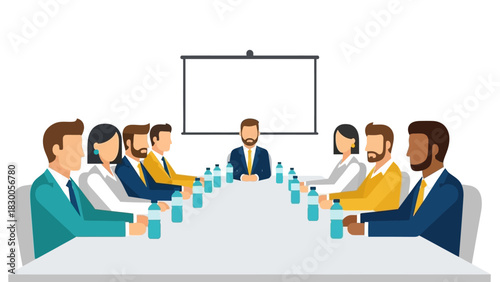 Business meeting in modern flat style with diverse professionals at conference table