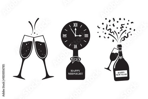 New year s eve celebration symbols with champagne and clock