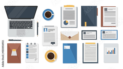 Flat design workspace with office supplies and laptop