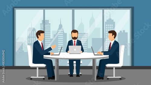 Business meeting scene in modern office with professionals discussing strategy and ideas