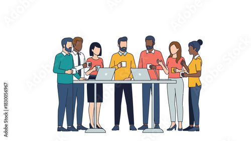 Team collaboration in modern office: colleagues discuss projects with laptops and coffee