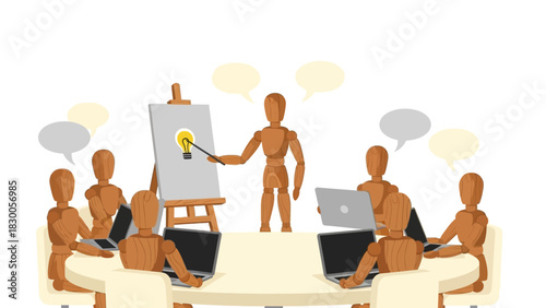 Wooden mannequins in a business meeting with laptops and presentation