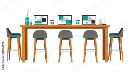 Modern office workspace with long table and laptops in flat design