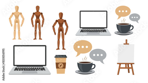 Set of wooden mannequins and workplace essentials with laptops and coffee