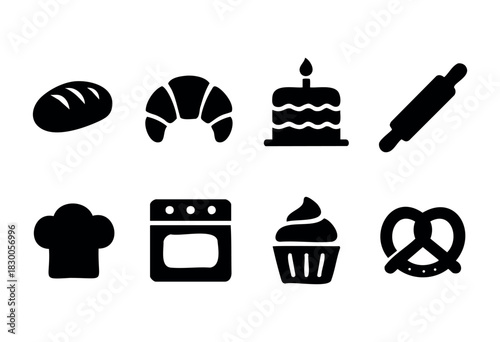 Simple baking and pastry icons — bread, cake, and chef hat — stock vector.