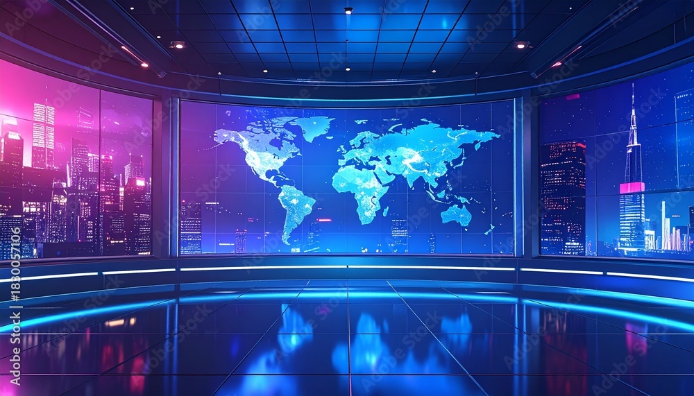 Fototapeta premium Modern global news studio with digital world map background perfect for news broadcast background, virtual event stage