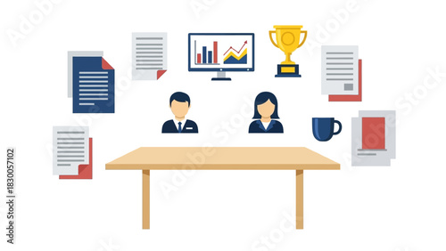 Flat design office workspace with documents, charts, and trophy