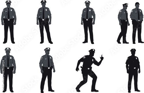 Police officer silhouette illustration set, law enforcement poses, patrol action icons, uniformed personnel vector, security graphic design bundle