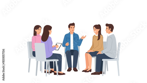 Group therapy session discussion with diverse people in casual meeting setup